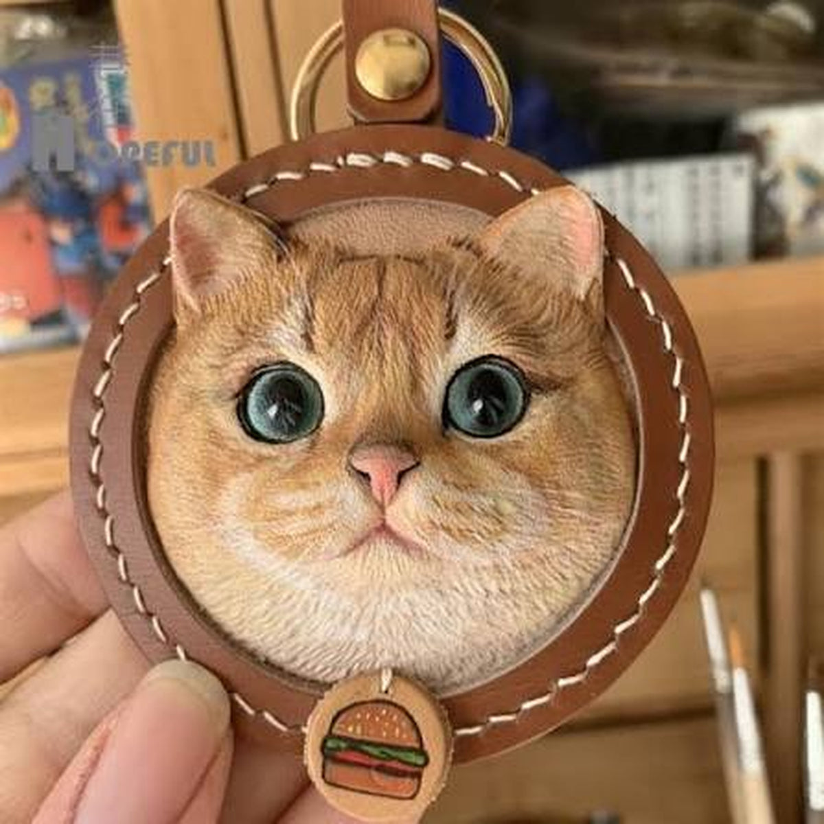 Custom Leather Carved Pet Portrait Keychain – Personalized Cat & Dog Memorial Gift
