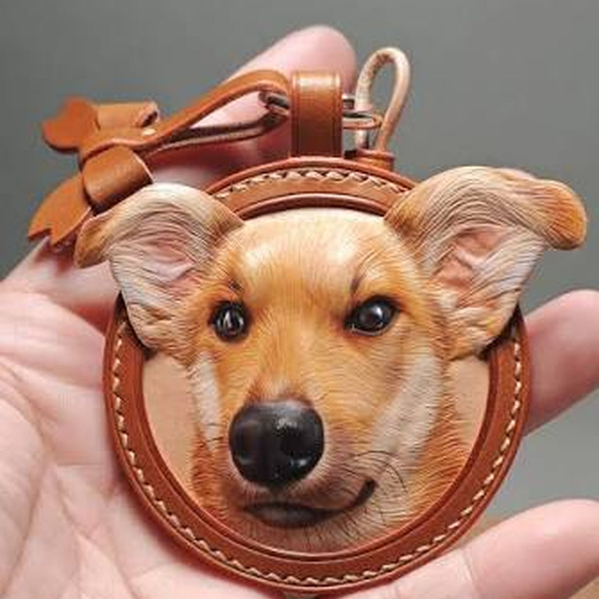Custom Leather Carved Pet Portrait Keychain – Personalized Cat & Dog Memorial Gift