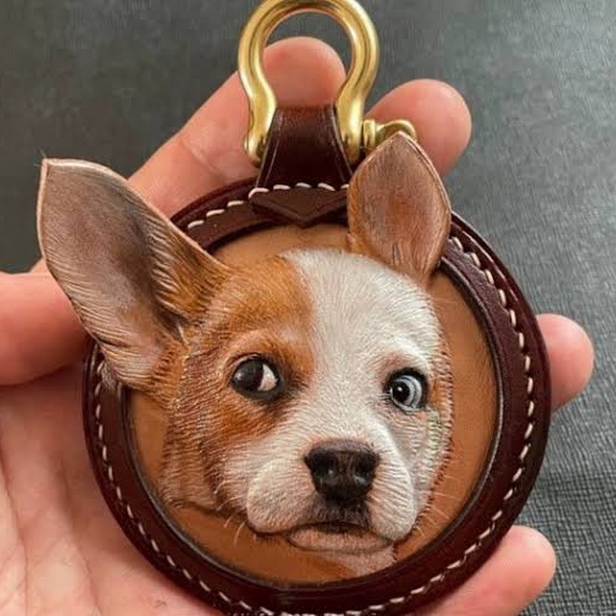 Custom Leather Carved Pet Portrait Keychain – Personalized Cat & Dog Memorial Gift